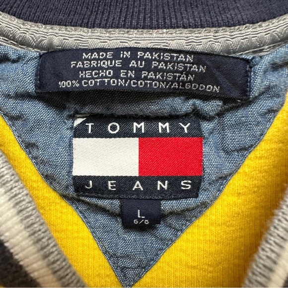 Vintage 90s Tommy Hilfiger Mens Yellow Knitted Ribbed Sweater Sweatshirt V-Neck - Picture 2 of 6